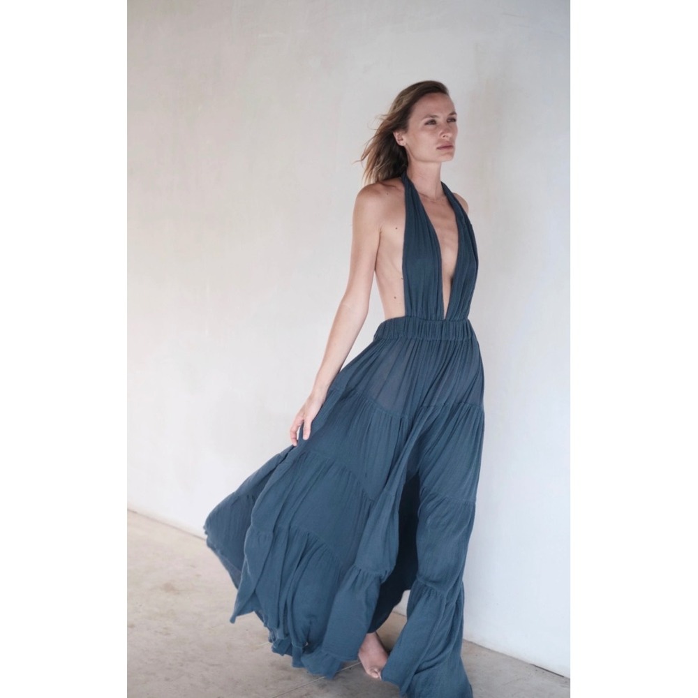 Spiritum Tulum Francesca Dress Cotton Gauze Slate Blue Halter Maxi Dress